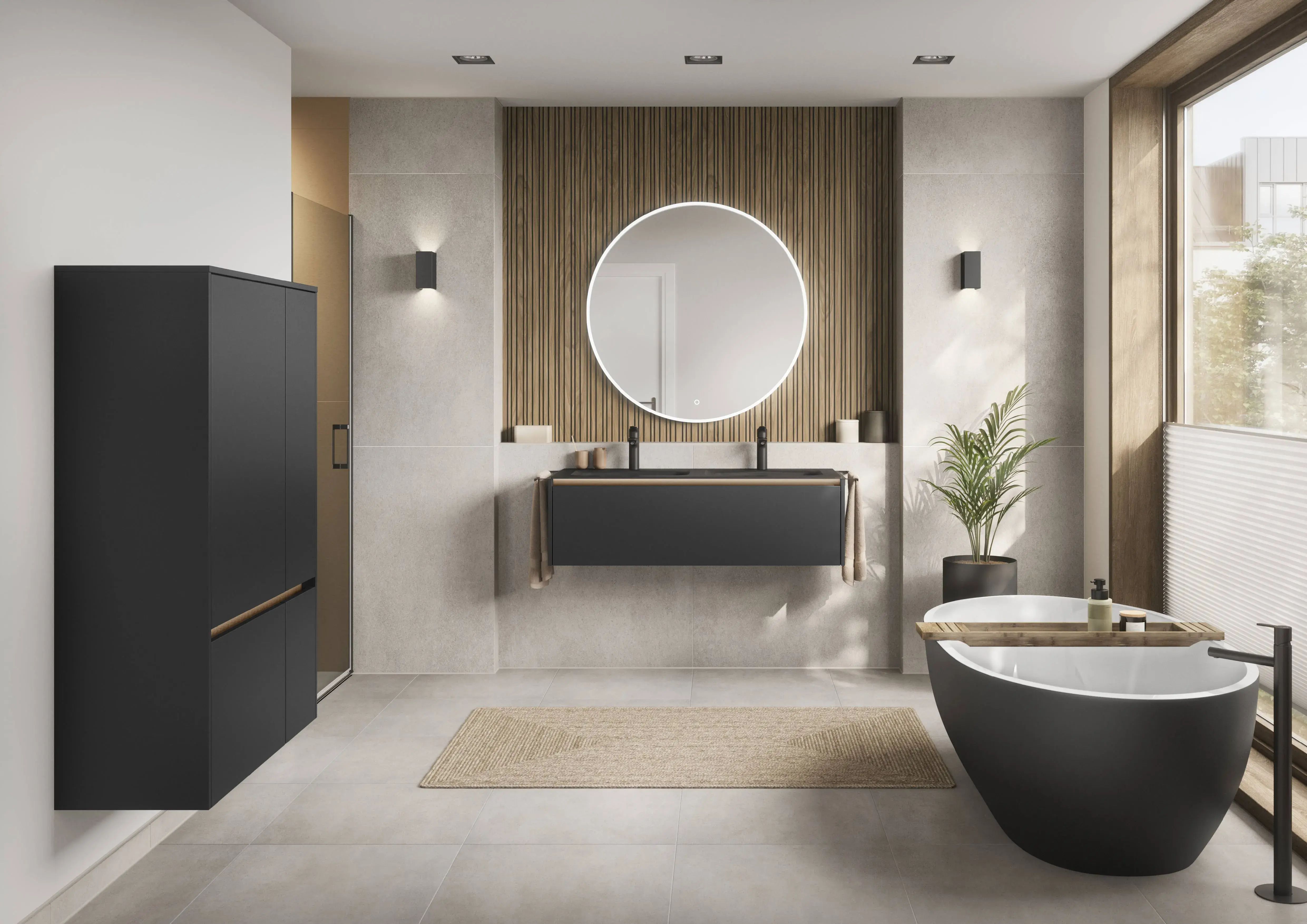 Edles Badezimmer hellgrau gefliest mit schwarzem Waschtisch, Armaturen und Doppelbecken - freistehende schwarze Badewanne - links griffloses hängend montiertes Highboard Nobilia Senso